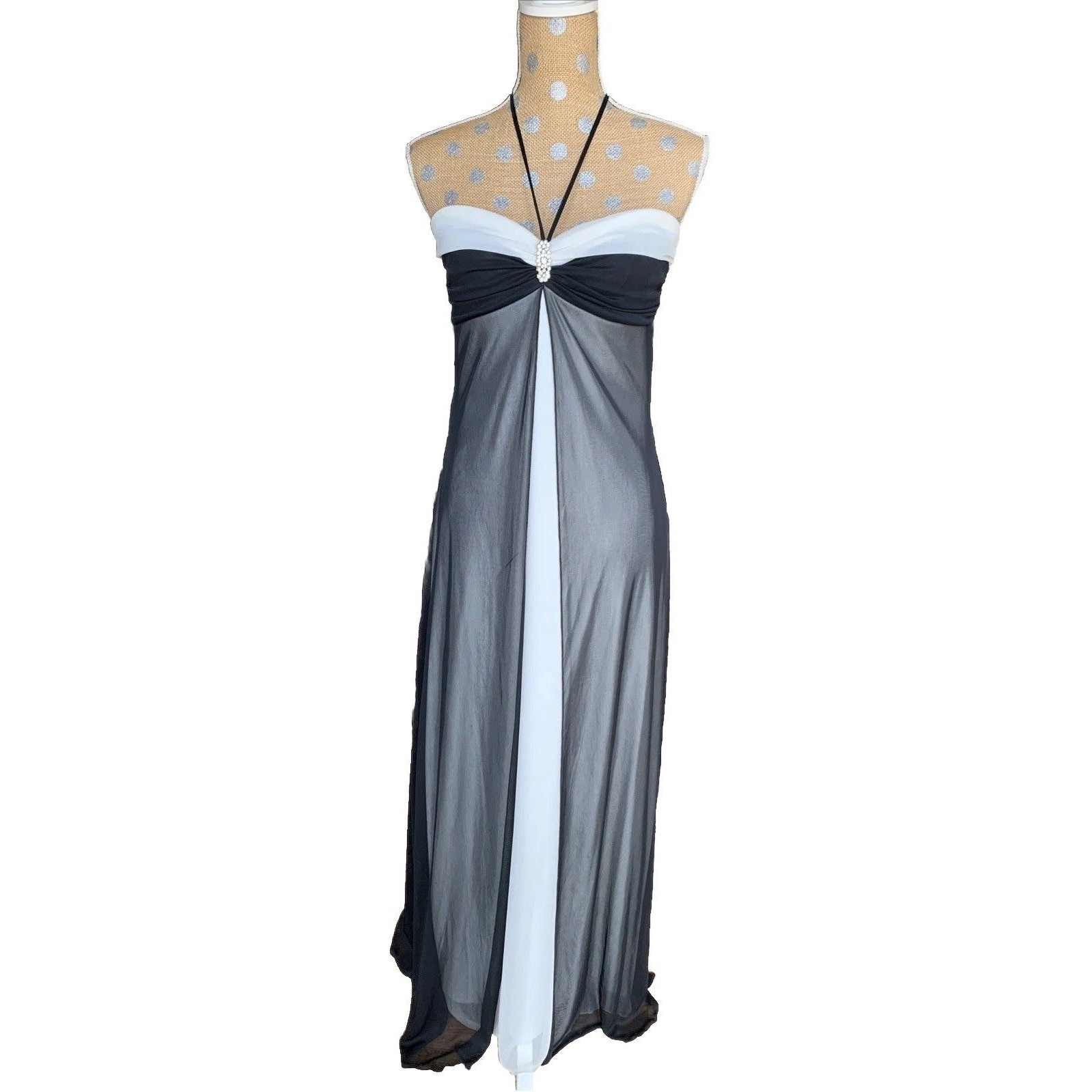 Vintage Prom Dress Maxi Gown Black White Babydoll Empire Split Halter 90s Y2k
